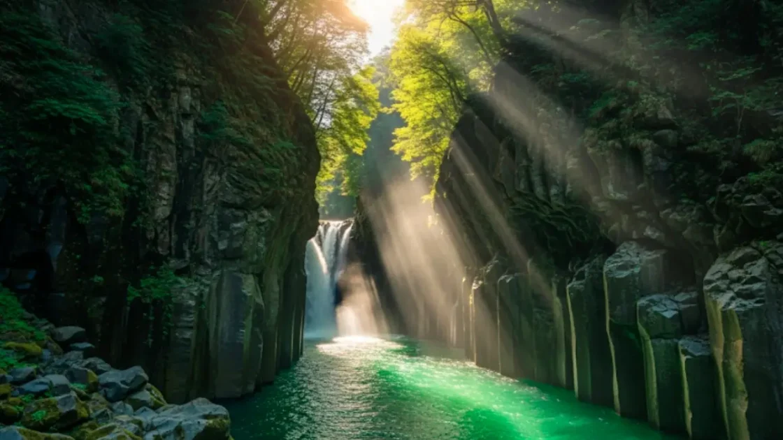 高千穂峡の柱状節理の崖から流れ落ちる真名井の滝とエメラルドグリーンの水面