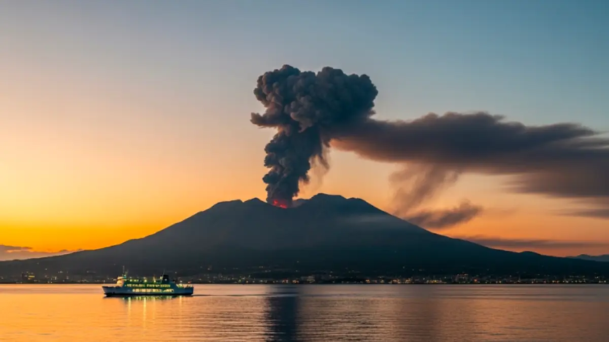 桜島噴火情報 リアルタイムの確認に役立つ実景。錦江湾越しに噴煙が立ち上がり風下へ流れる様子
