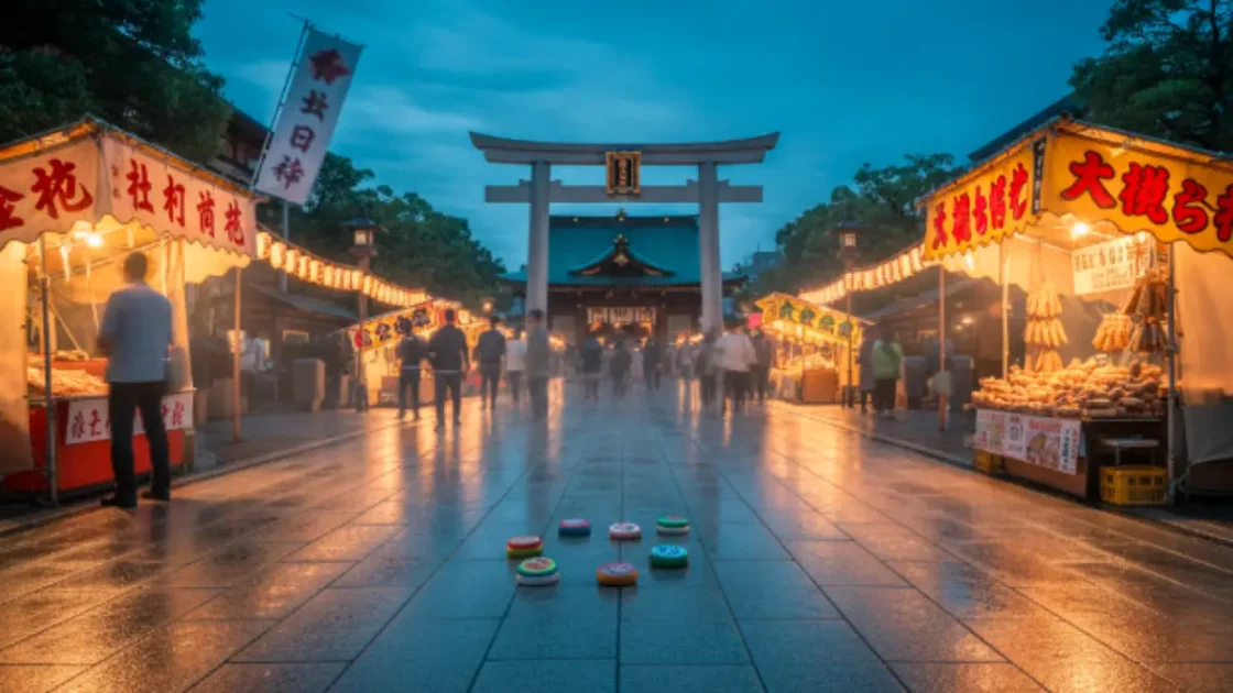 夕暮れの筥崎宮参道と楼門、放生会の提灯と露店が並ぶ景観