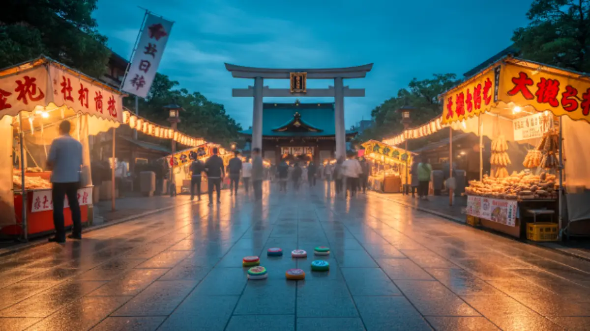 夕暮れの筥崎宮参道と楼門、放生会の提灯と露店が並ぶ景観