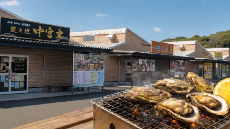 糸島の漁港エリアに並ぶ複数の牡蠣小屋の外観を横長で撮影した画像