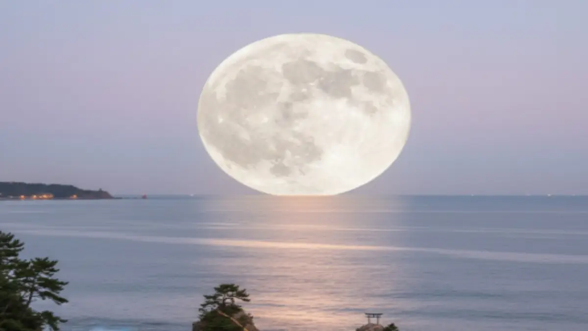 糸島・桜井二見ヶ浦の海上に昇るスーパームーン。夕焼け空に浮かぶ満月が海面に反射して幻想的に輝く。