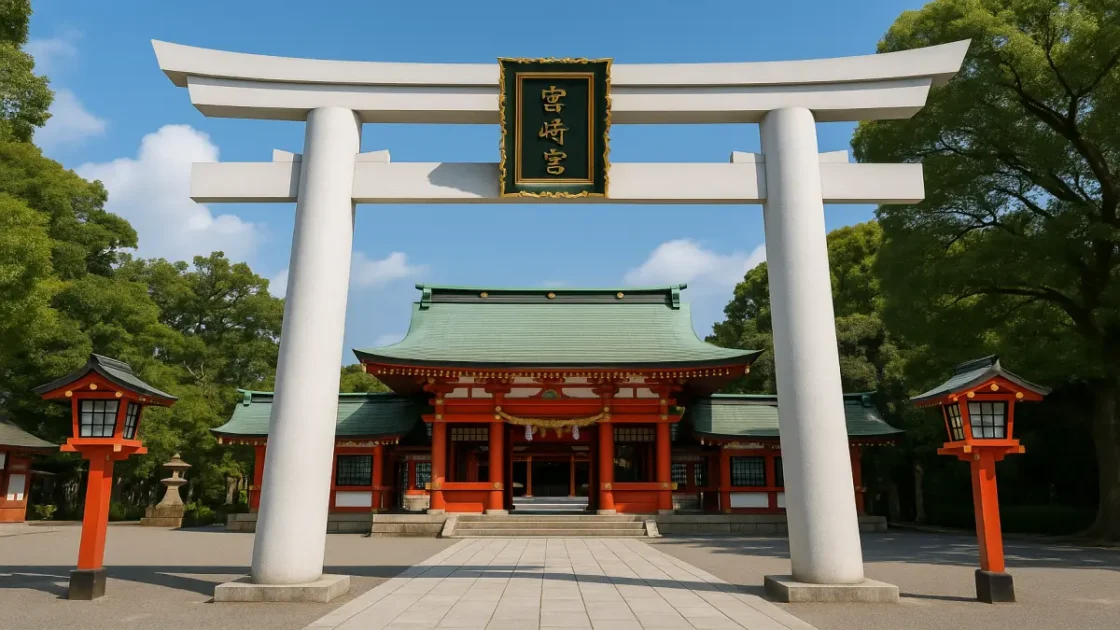 宮崎神宮の白い大鳥居と朱色の本殿が並ぶ正面風景。初詣や参拝で人気の宮崎市を代表する神社の景観。