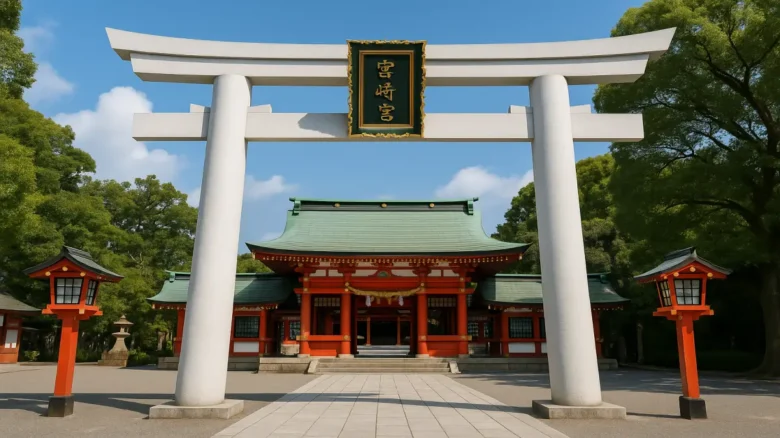 宮崎神宮の白い大鳥居と朱色の本殿が並ぶ正面風景。初詣や参拝で人気の宮崎市を代表する神社の景観。